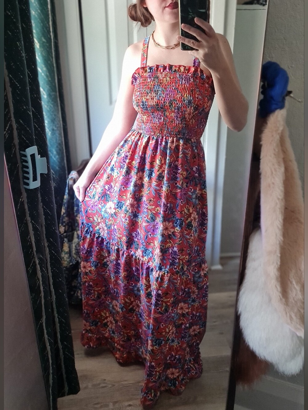 Bright Red-Orange Floral Smocked Maxi Dress
